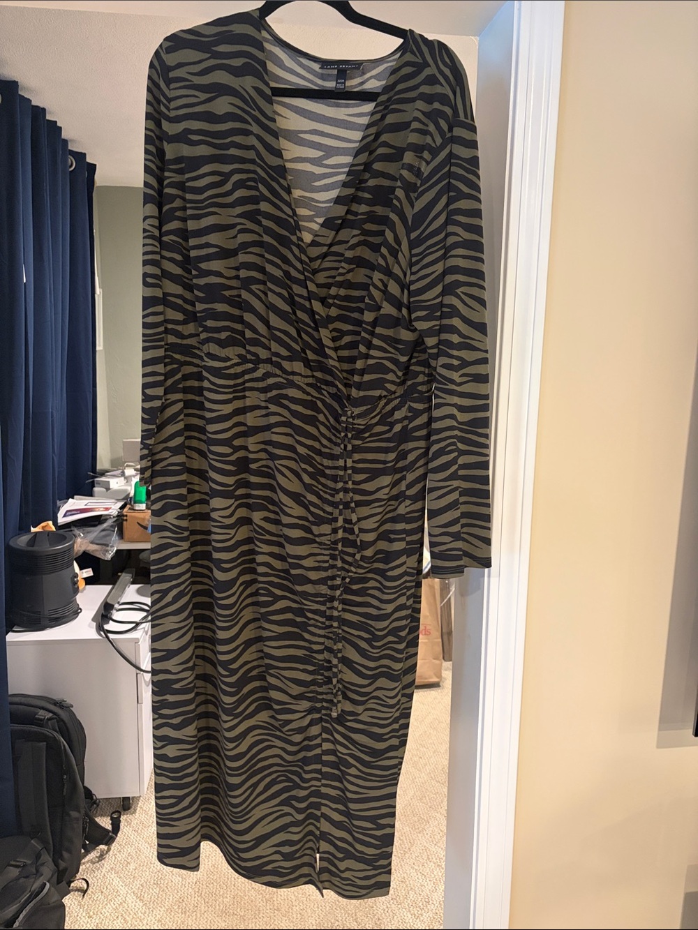 Lane Bryant Olive and Black Zebra-Print Ruched Wrap Dress